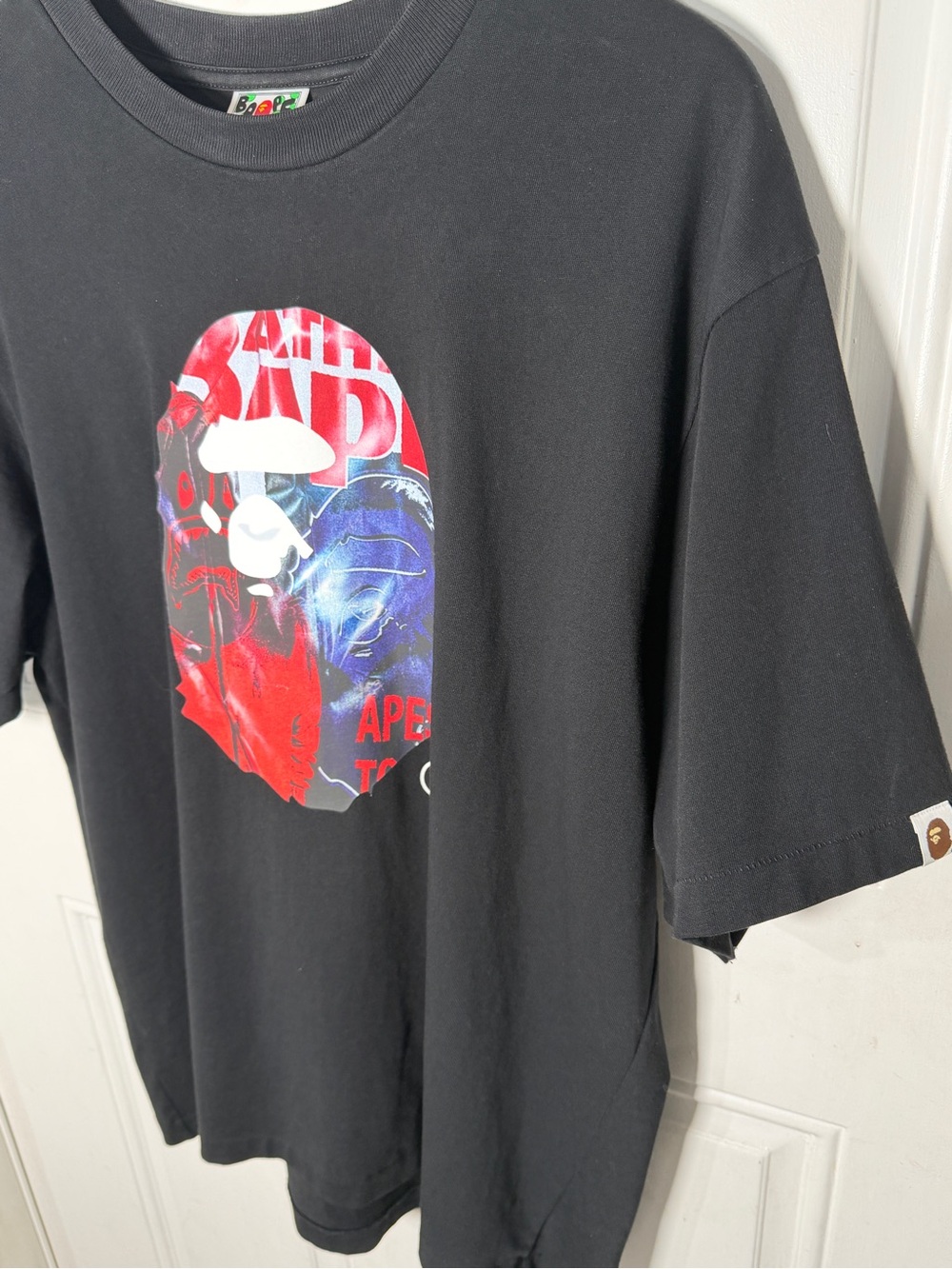 Bape Black Tee with Red & Blue Ape Head Graphic